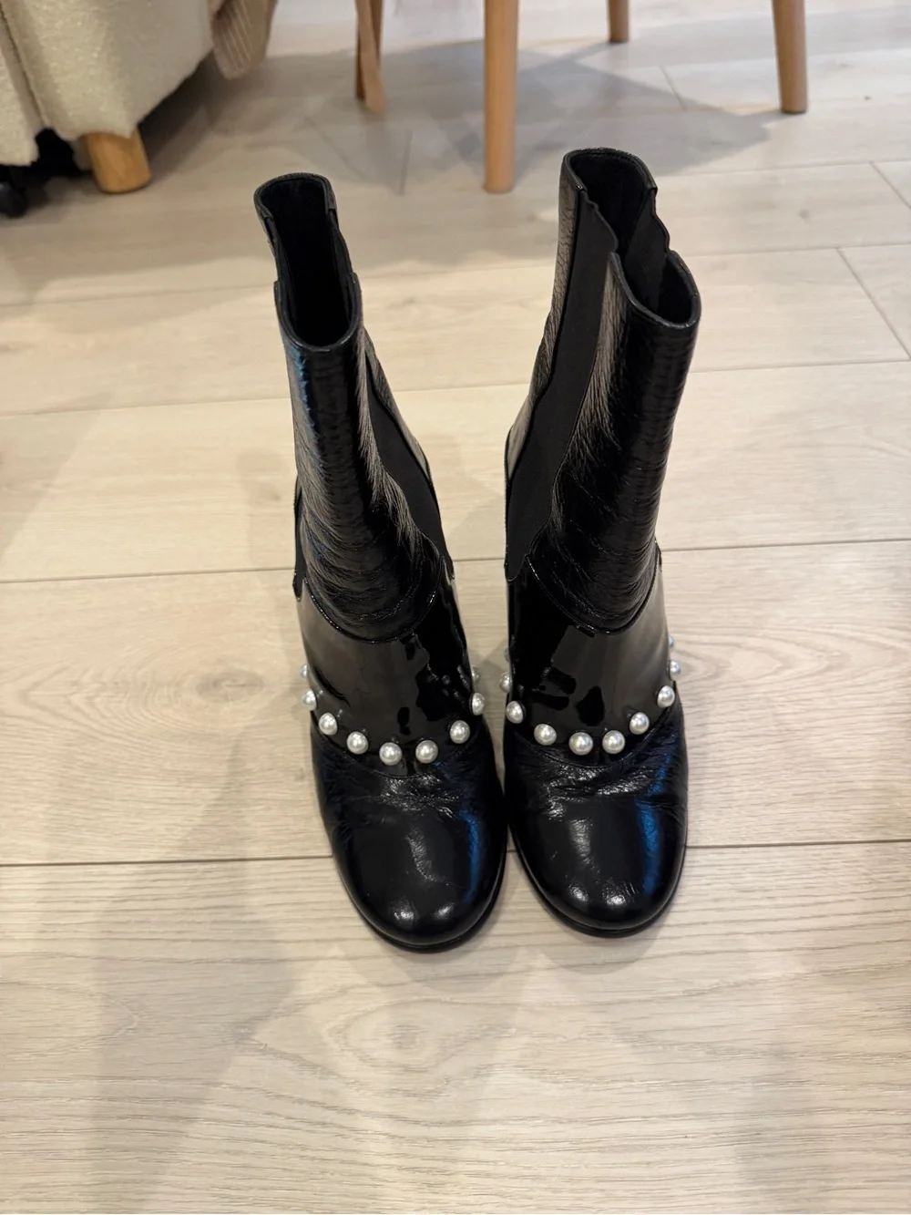 Chanel faux pearl heeled boots